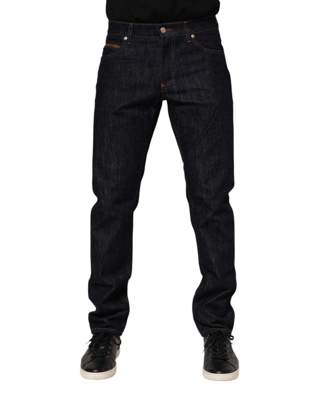 Dark Blue Cotton Logo Plaque Men Denim Jeans