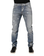 Blue Cotton Tattered Slim Fit Men Denim Jeans