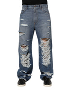 Blue Tattered Cotton Logo Plaque Denim Jeans