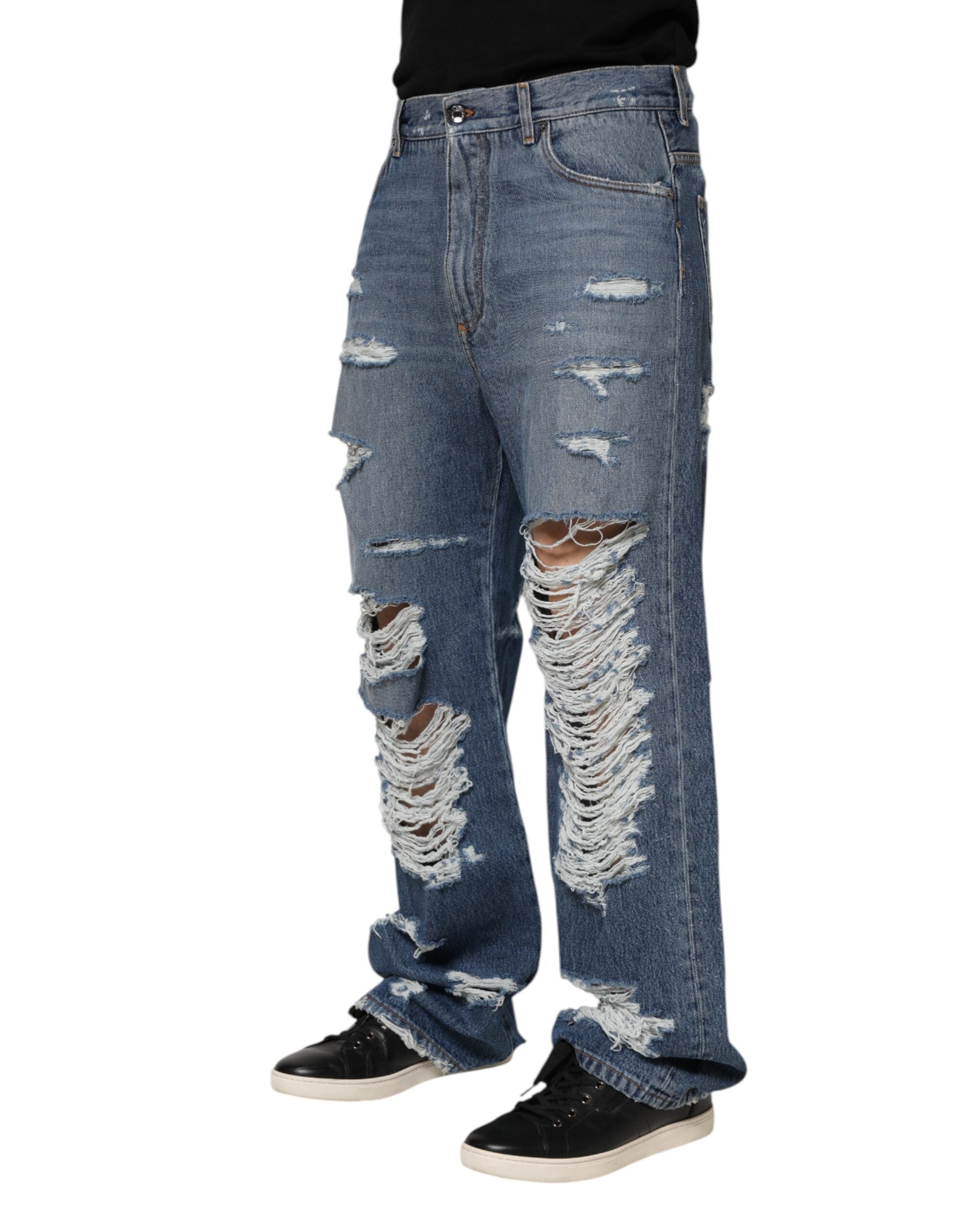 Blue Tattered Cotton Logo Plaque Denim Jeans