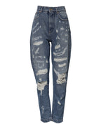 Blue Cotton Tattered High Waist Denim Jeans