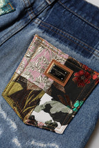 Blue Cotton Tattered High Waist Denim Jeans