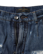 Blue Cotton Tattered Denim Bermuda Shorts
