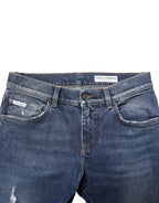 Blue Washed Skinny Cotton Tattered Denim Jeans