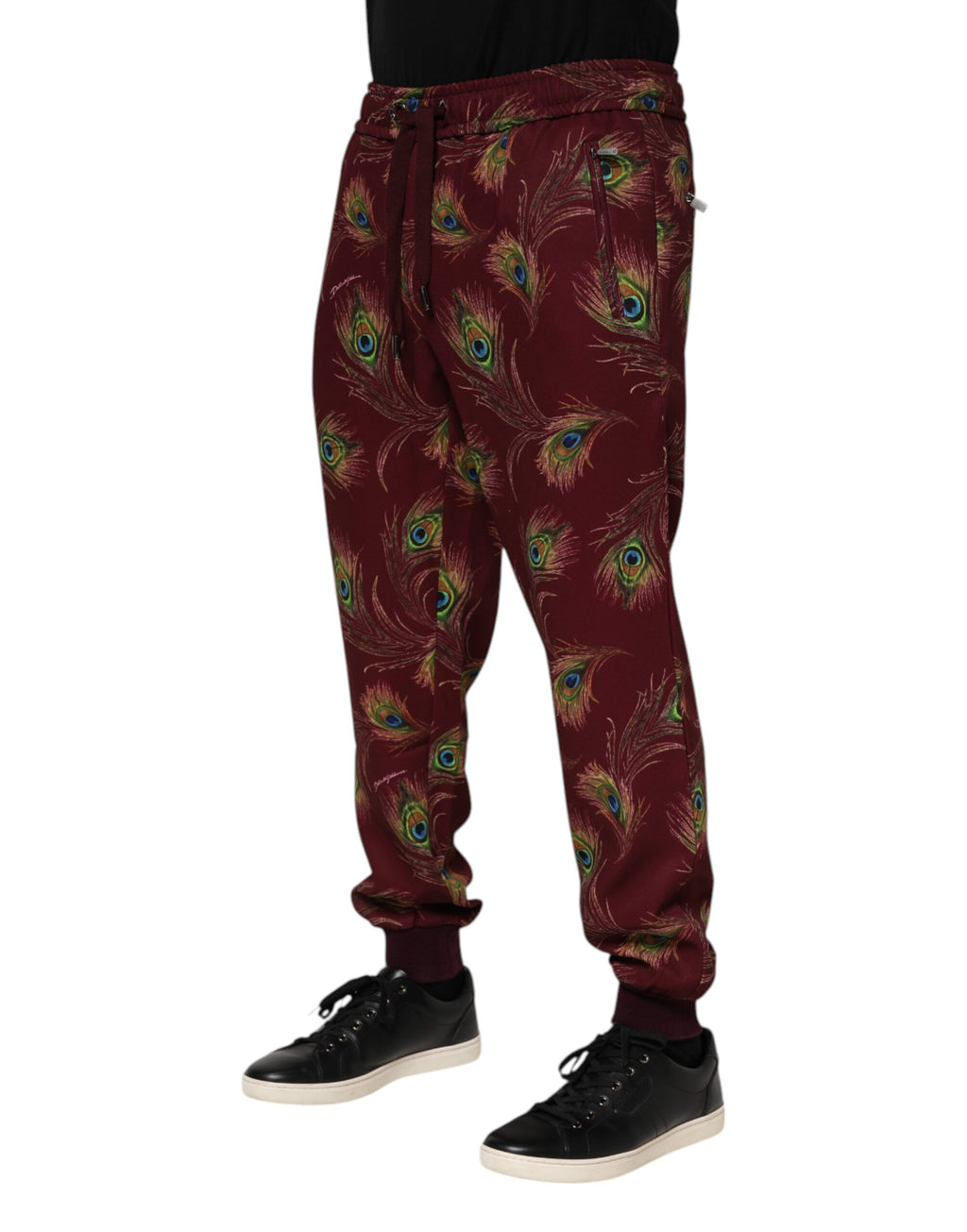 Burgundy Peacock Feather Print Jogger Pants