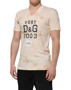Beige Logo Print Short Sleeve V-neck T-shirt