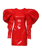 Red Patent Leather Puff Sleeves Mini Dress
