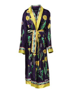 Blue Floral Print Silk Long Sleeves Wrap Robe