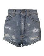 Blue Tattered Denim Cotton Hot Pants Shorts