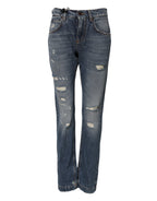 Blue Cotton Boyfriend Tattered Denim Jeans