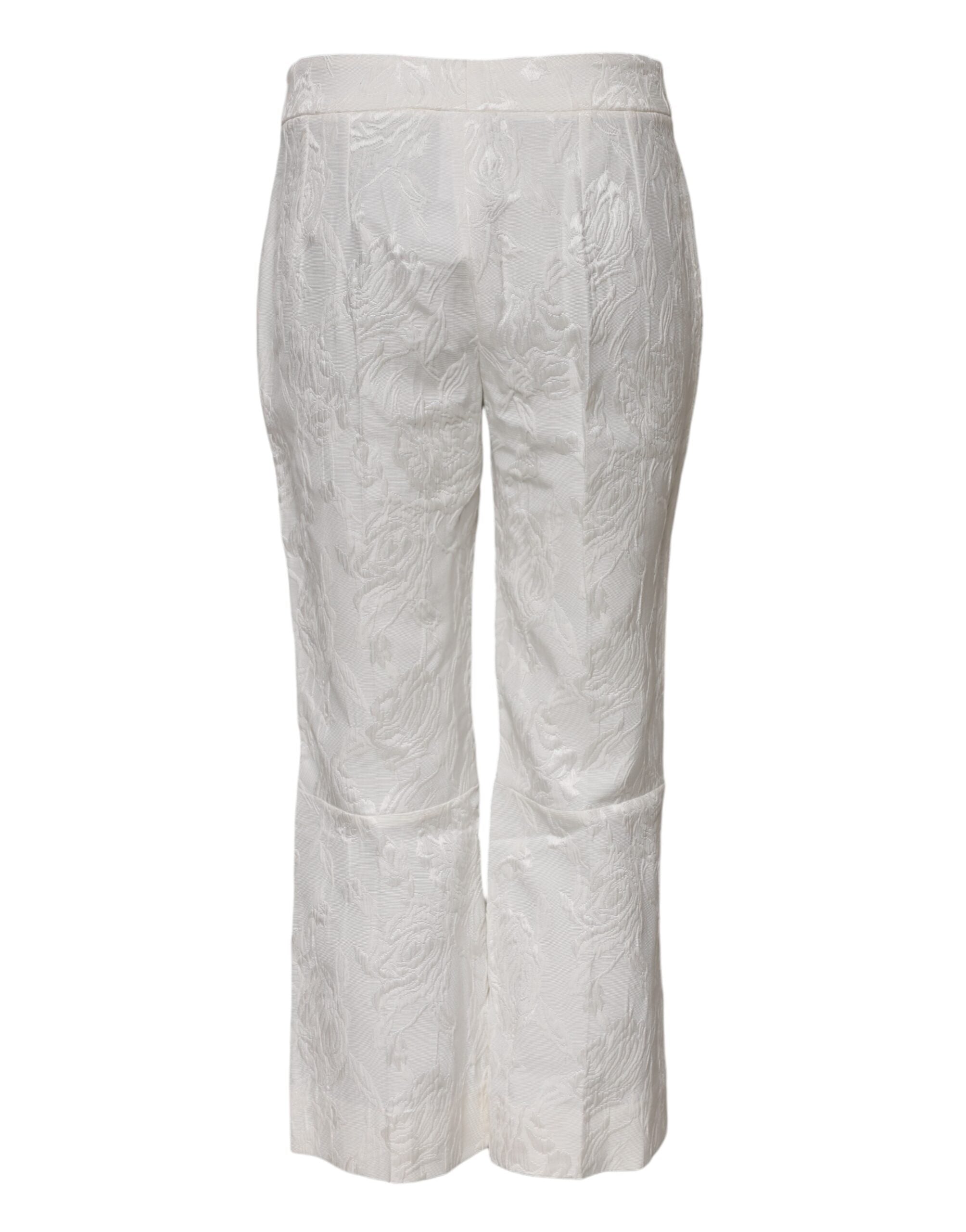 White Cotton Floral Jacquard Pants