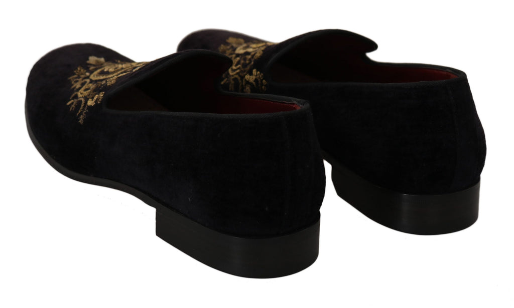 Loafers Black Velvet Gold Crown