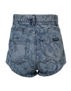 Blue Floral Print Denim Cotton Hot Pants Shorts