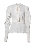 White Viscose Ascot Collar Long Sleeves Top