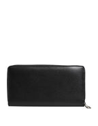 Black Leather Logo Plaque Zip Around Continental Wallet
