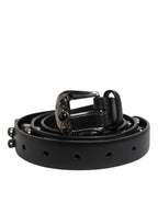Black Studded Leather Metal Logo Buckle Belt