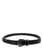 Black Studded Leather Metal Logo Buckle Belt