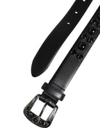 Black Studded Leather Metal Logo Buckle Belt