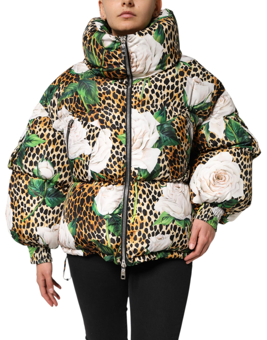 Multicolor Leopard Rose Puffer Quilted Jacket