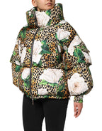 Multicolor Leopard Rose Puffer Quilted Jacket