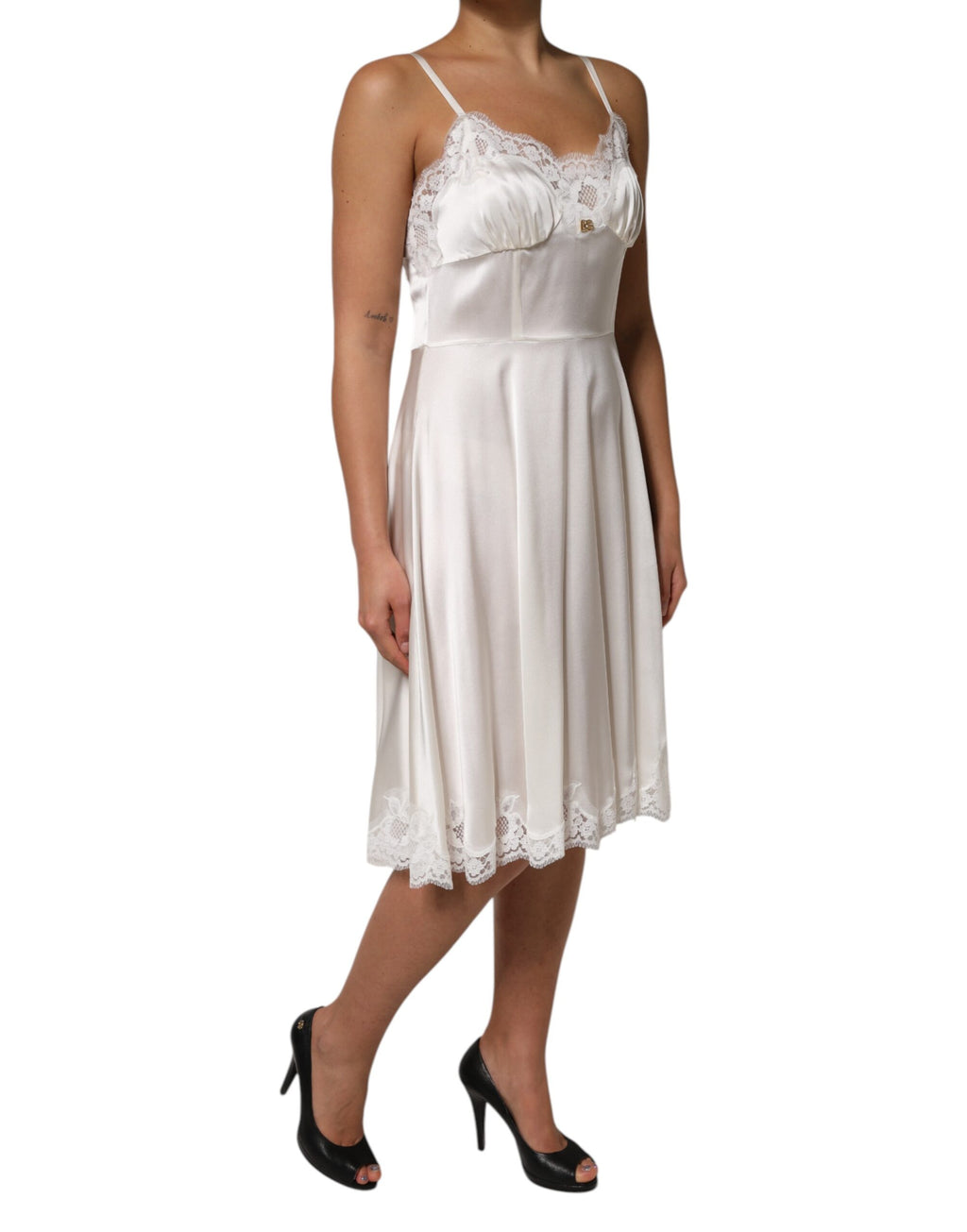 White Lace DG Logo Silk Dress Sleepwear