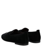 Black Velvet Embellished Loafer Slip On Shoes