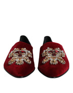 Black Red Velvet Embellished Slip On Shoes