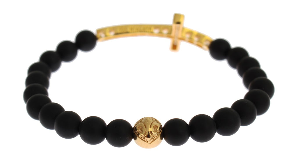 Matte Onyx Stone Gold CZ Cross 925 Silver Bracelet