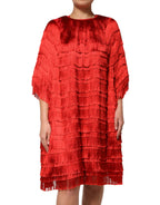 Red Silk Tiers Fringe Shift Knee Length Dress