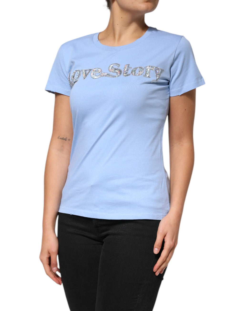 Blue Love Story Sequined Embellished Short Sleeves T-shirt