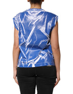 Blue White Cotton Logo Plaque Women Tank Top