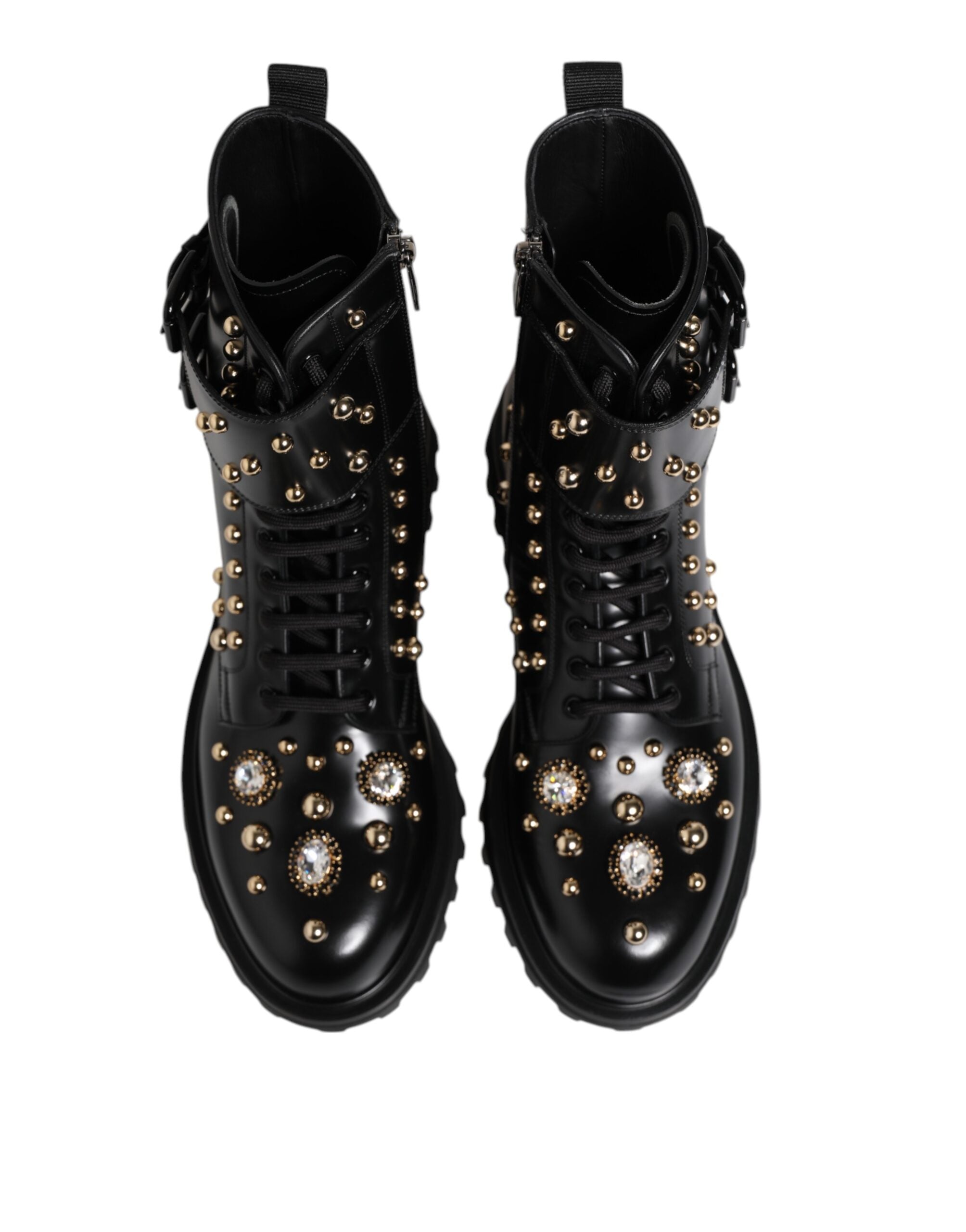 Black Studded Lace Up Mid Calf Boots Shoes