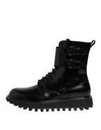 Black Leather Lace Up Mid Calf Boots Shoes