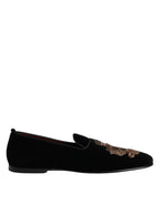 Black Velvet Gold Crown Mens Loafers Shoes