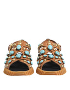 Brown Leather Studded Slides Sandals Shoes