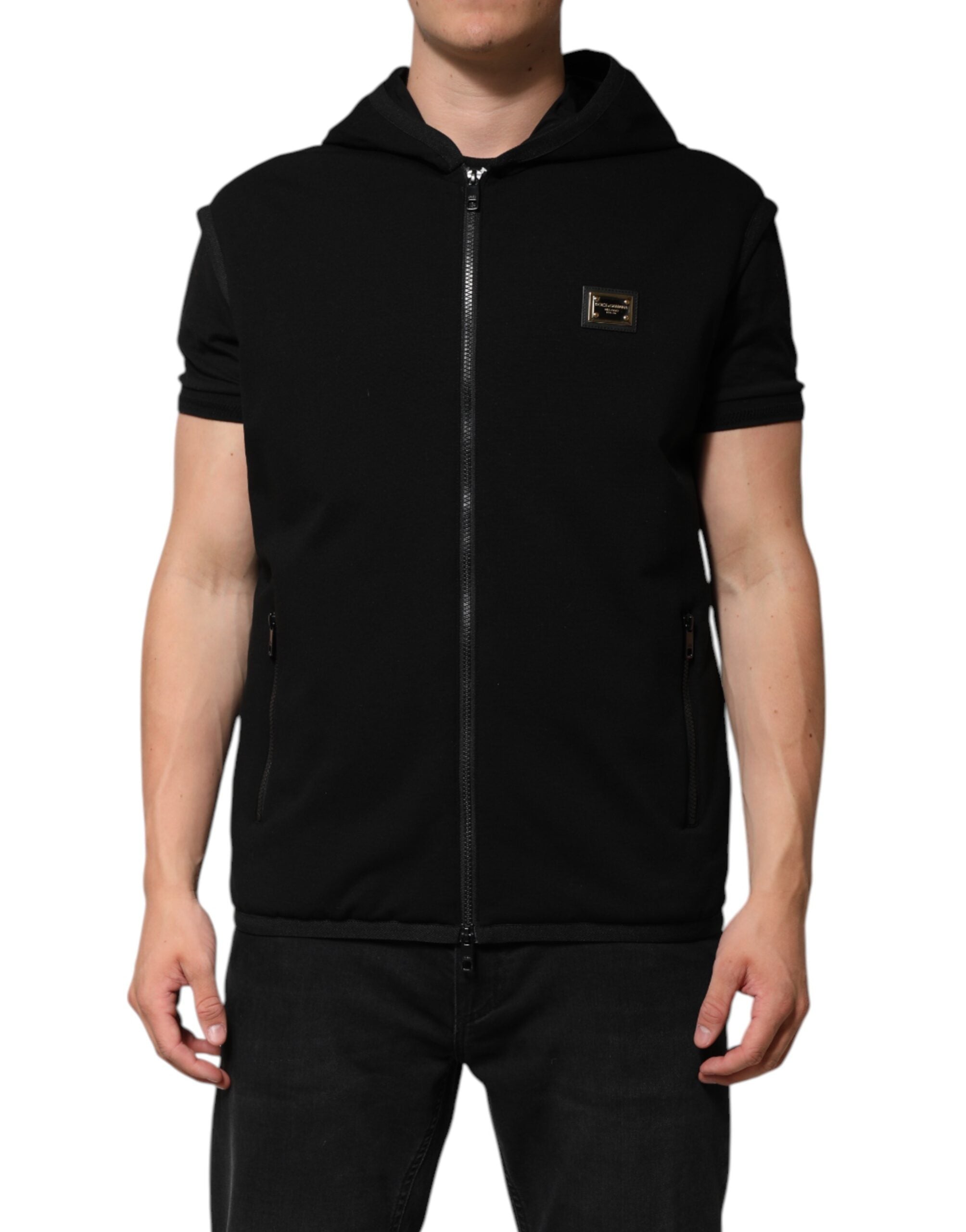 Black Sleeveless Hooded Logo Plaque Jacket