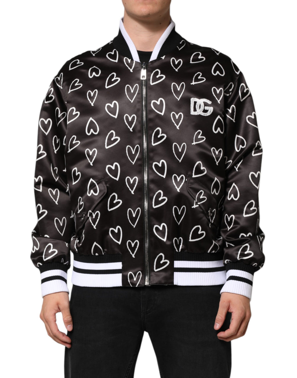 Black Polyester Heart Print Bomber Jacket