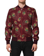 Maroon Peacock Feather Print Bomber Jacket