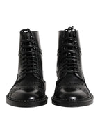 Black Leather Lace Up Mid Calf Boots Shoes