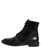 Black Leather Lace Up Mid Calf Boots Shoes