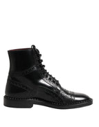 Black Leather Lace Up Mid Calf Boots Shoes