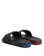 Black Leather Slides Flats Beachwear Shoes