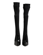 Black Leather Ribbed Knit Knee Boots Shoes