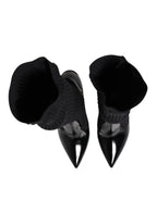 Black Leather Ribbed Knit Knee Boots Shoes