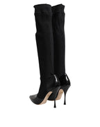 Black Leather Ribbed Knit Knee Boots Shoes