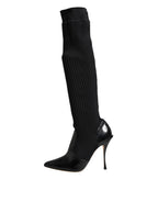 Black Leather Ribbed Knit Knee Boots Shoes