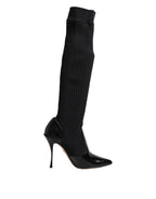 Black Leather Ribbed Knit Knee Boots Shoes