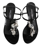 Black Leather Crystal Ankle Strap Sandals Shoes