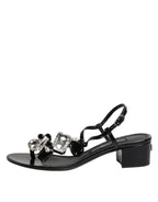 Black Leather Crystal Ankle Strap Sandals Shoes