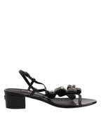 Black Leather Crystal Ankle Strap Sandals Shoes